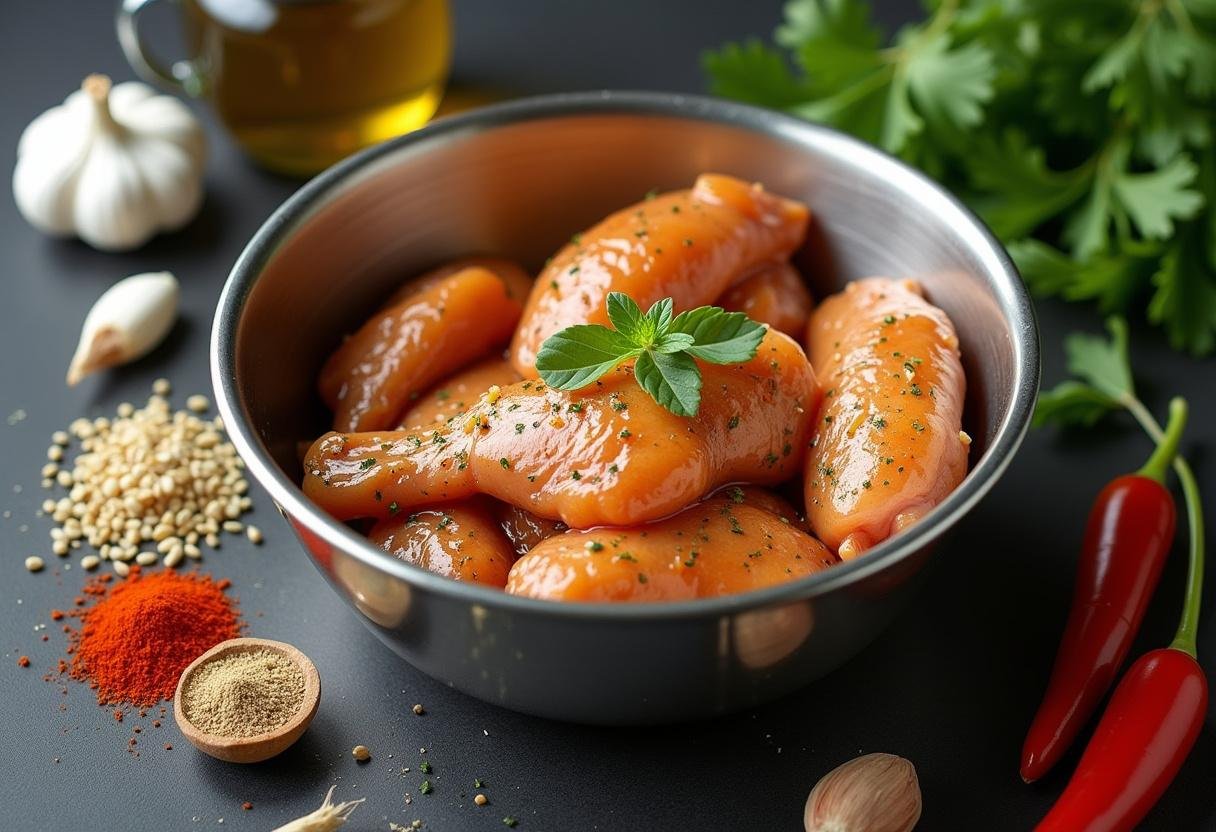 Marinated chicken pieces in a bowl with spices and fresh ingredients for Breaking Bad Los Pollos Chicken.