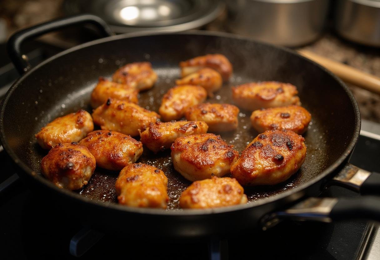 Sizzling chicken pieces on a stovetop griddle for Los Pollos Chicken from Breaking Bad.