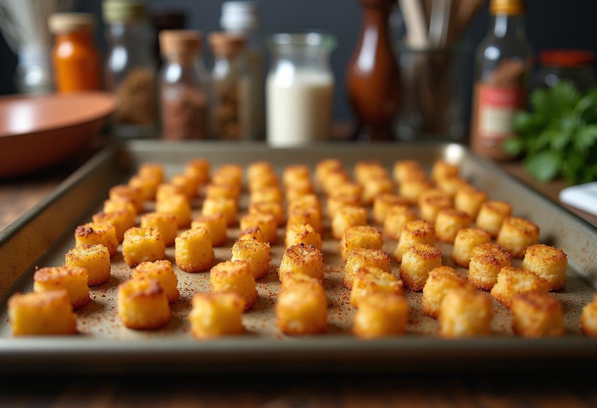 Delicious Breaking Bad Tater Tots being seasoned and prepared on a baking sheet in a cozy kitchen, perfect for a movie night.