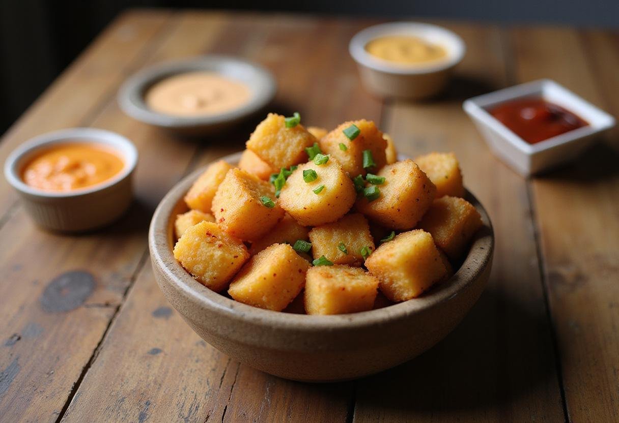 Delectable Breaking Bad Tater Tots garnished with green onions and served with dipping sauces, ideal for sharing with friends.
