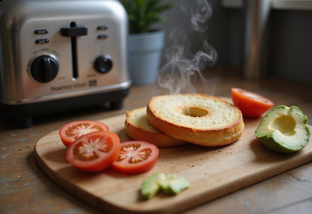 Toasting a fresh bagel for a Brooklyn Nine-Nine Bagel Sandwich with fresh vegetables like tomatoes and avocado.