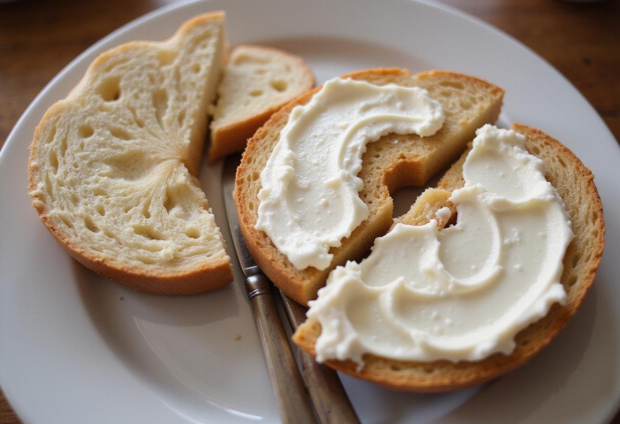 Spreading rich cream cheese on a warm toasted bagel for a delicious Brooklyn Nine-Nine Bagel Sandwich.