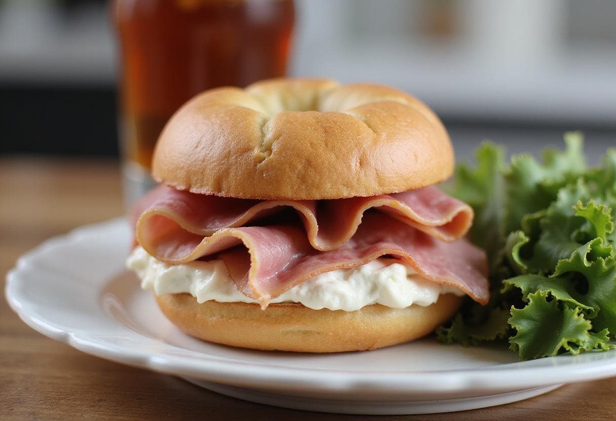 Adding layers of savory deli meats to a Brooklyn Nine-Nine Bagel Sandwich for an extra hearty flavor.