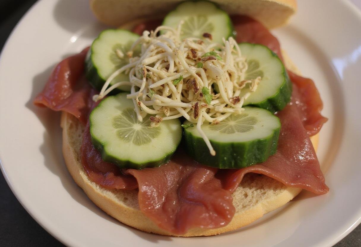 Layering fresh sprouts and cucumber slices on a Brooklyn Nine-Nine Bagel Sandwich, enhancing its freshness.