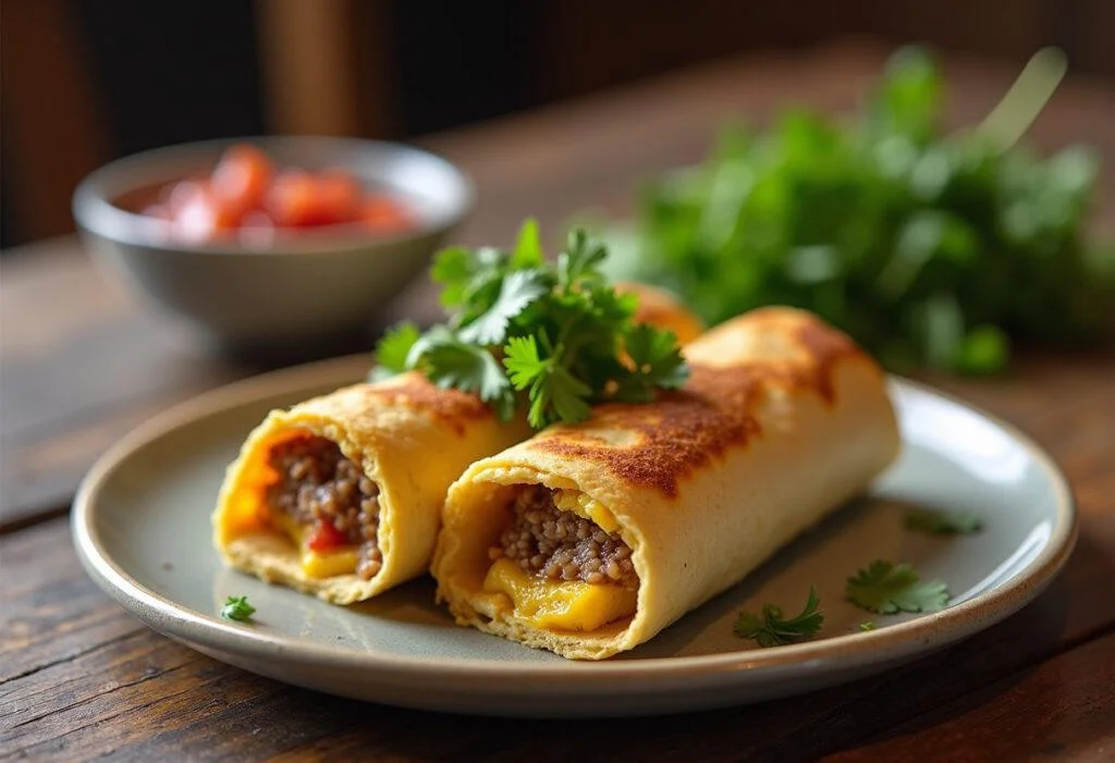 Delicious Brooklyn Nine-Nine Breakfast Burrito served on a plate, garnished with cilantro and salsa, perfect for breakfast.
