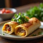 Delicious Brooklyn Nine-Nine Breakfast Burrito served on a plate, garnished with cilantro and salsa, perfect for breakfast.