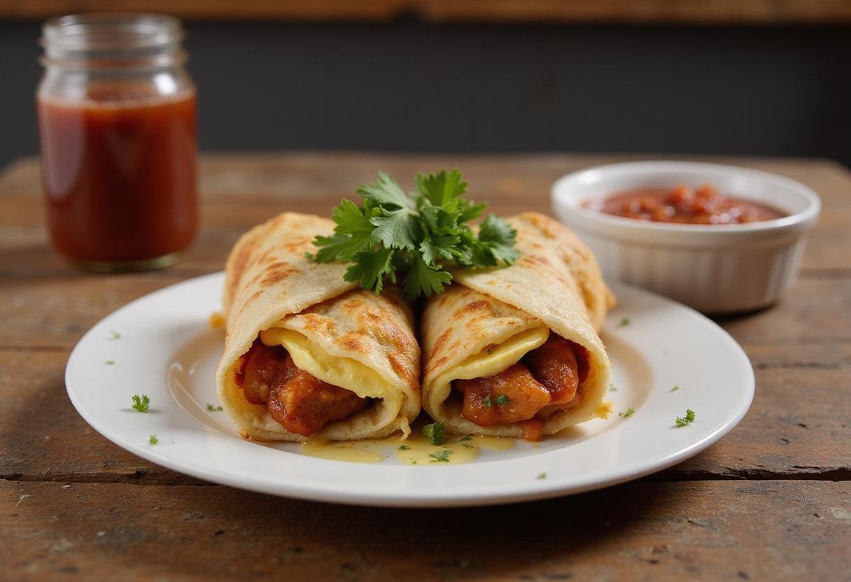 Delicious Brooklyn Nine-Nine Breakfast Burrito served on a plate, garnished with cilantro and salsa, perfect for breakfast.
