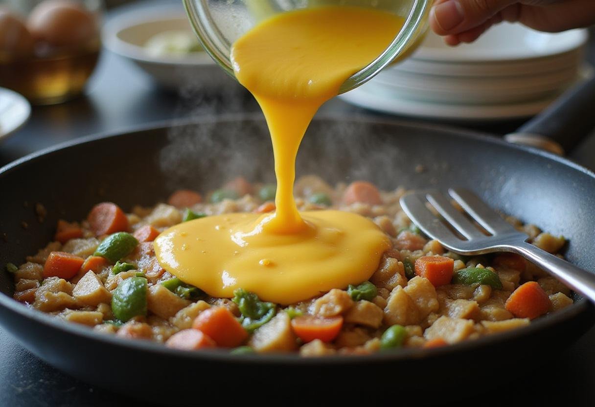 Pouring eggs into vegetable mixture for homemade Brooklyn Nine-Nine Breakfast Burrito, colorful ingredients melding together in the skillet.