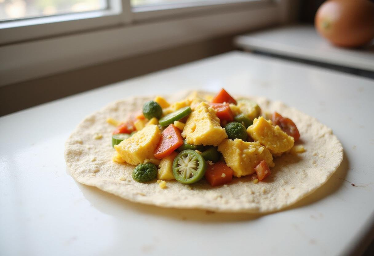 Preparing the tortilla for Brooklyn Nine-Nine Breakfast Burrito, filling it with delicious egg and vegetable mixture in a cozy kitchen setting.