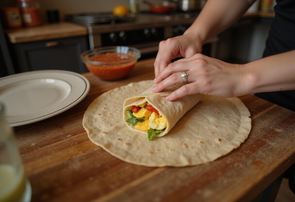 Wrapping the delicious Brooklyn Nine-Nine Breakfast Burrito, filled with eggs and veggies, ready to be served on a plate with salsa.
