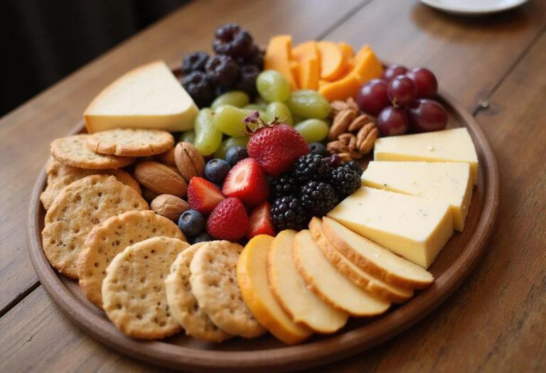 Final presentation of Brooklyn Nine-Nine Cheddar's Cheese Plate, showcasing an exquisite assortment of cheeses and accompaniments for cheese lovers.