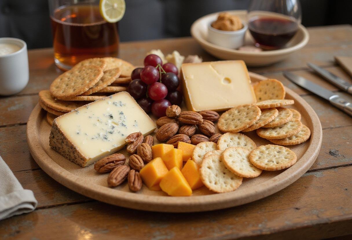 Final presentation of Brooklyn Nine-Nine Cheddar's Cheese Plate, showcasing an exquisite assortment of cheeses and accompaniments for cheese lovers.
