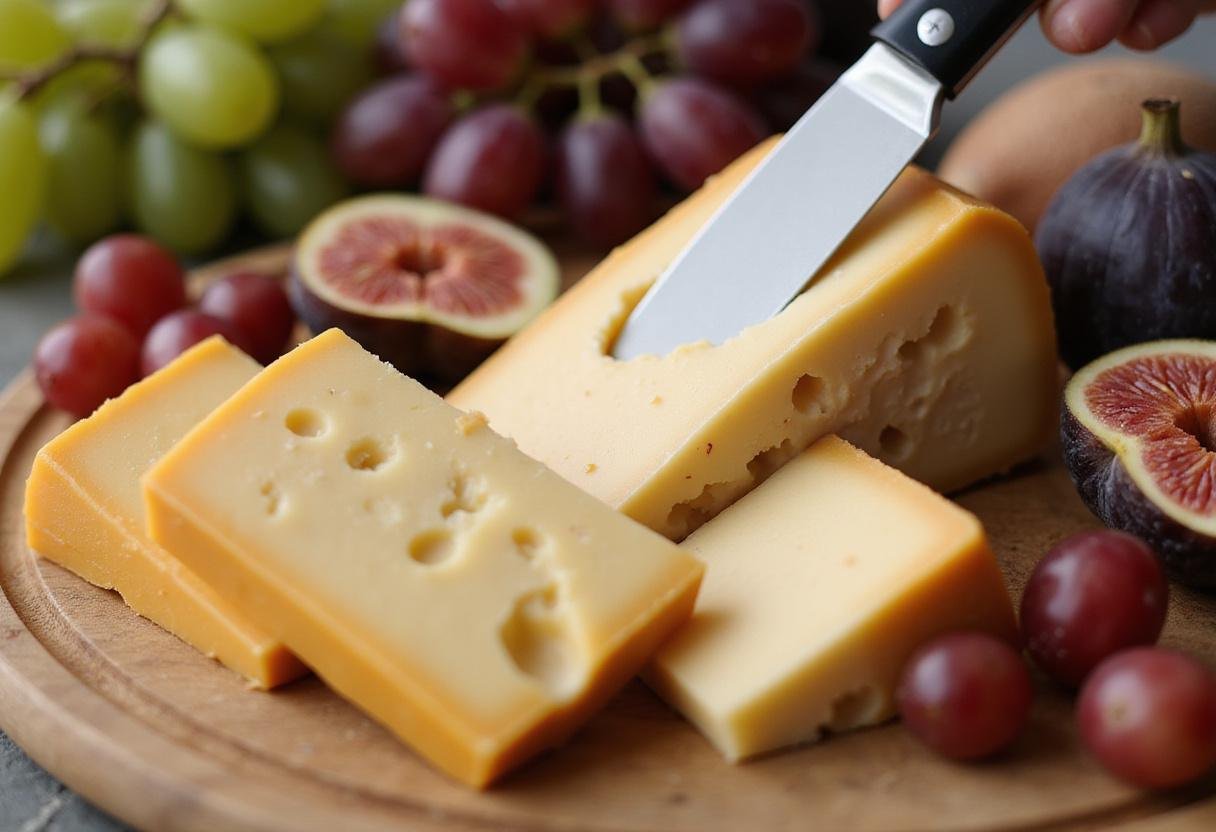 Freshly sliced assorted cheeses for Brooklyn Nine-Nine Cheddar's Cheese Plate, accompanied by vibrant fruits and nuts for an elegant touch.