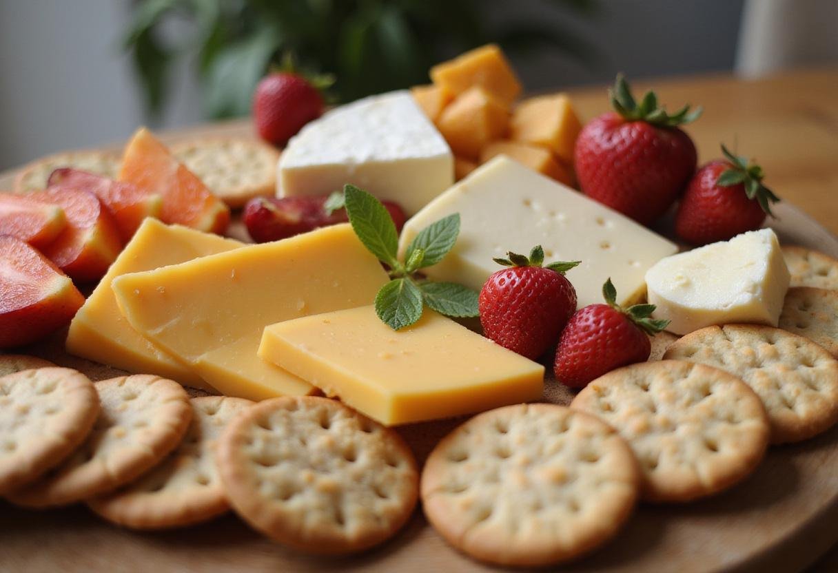 Artfully arranged cheese and fruit setup for Brooklyn Nine-Nine's Cheddar Cheese Plate, ideal for gatherings or special occasions.