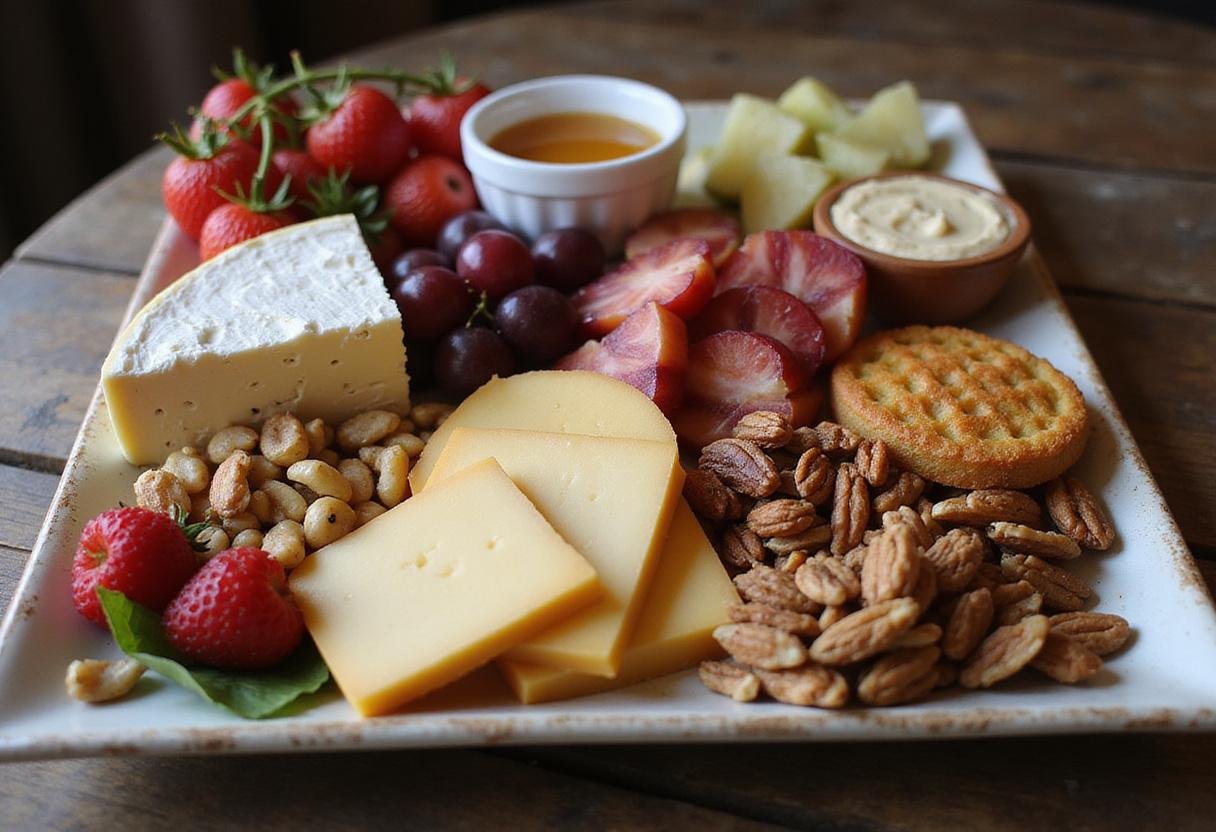 Delicious components of Brooklyn Nine-Nine Cheddar's Cheese Plate ready for serving, highlighting the rich flavors and textures of cheeses and accompaniments.