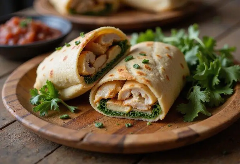 Final display of Brooklyn Nine-Nine Grilled Chicken Wrap on a rustic plate, showcasing its colorful and delicious ingredients.