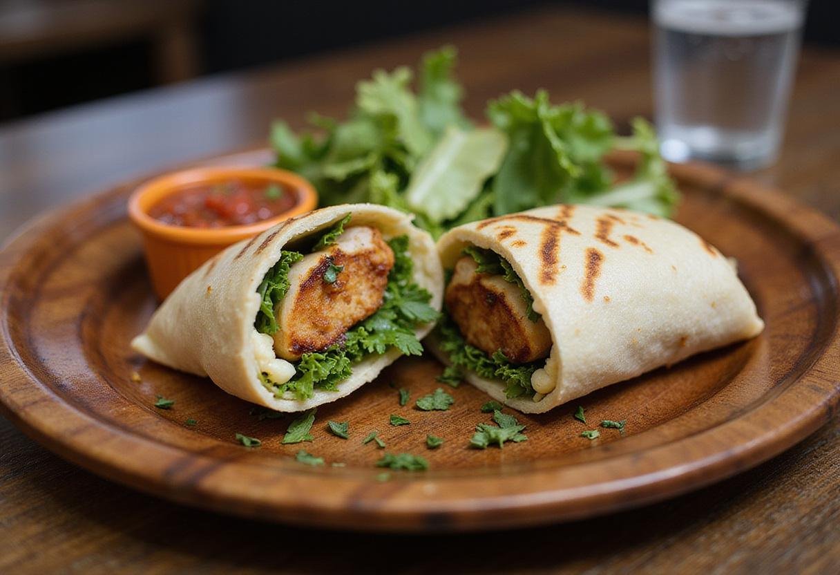 Final display of Brooklyn Nine-Nine Grilled Chicken Wrap on a rustic plate, showcasing its colorful and delicious ingredients.