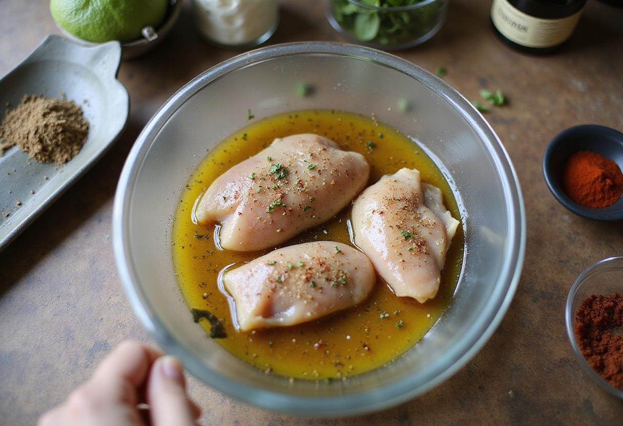 Brooklyn Nine-Nine Grilled Chicken Wrap marinating chicken breasts with garlic and spices in a well-organized kitchen.