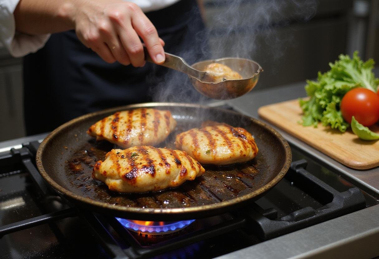 Cooking Brooklyn Nine-Nine Grilled Chicken Wrap on a stovetop grill with fresh vegetables in the background.