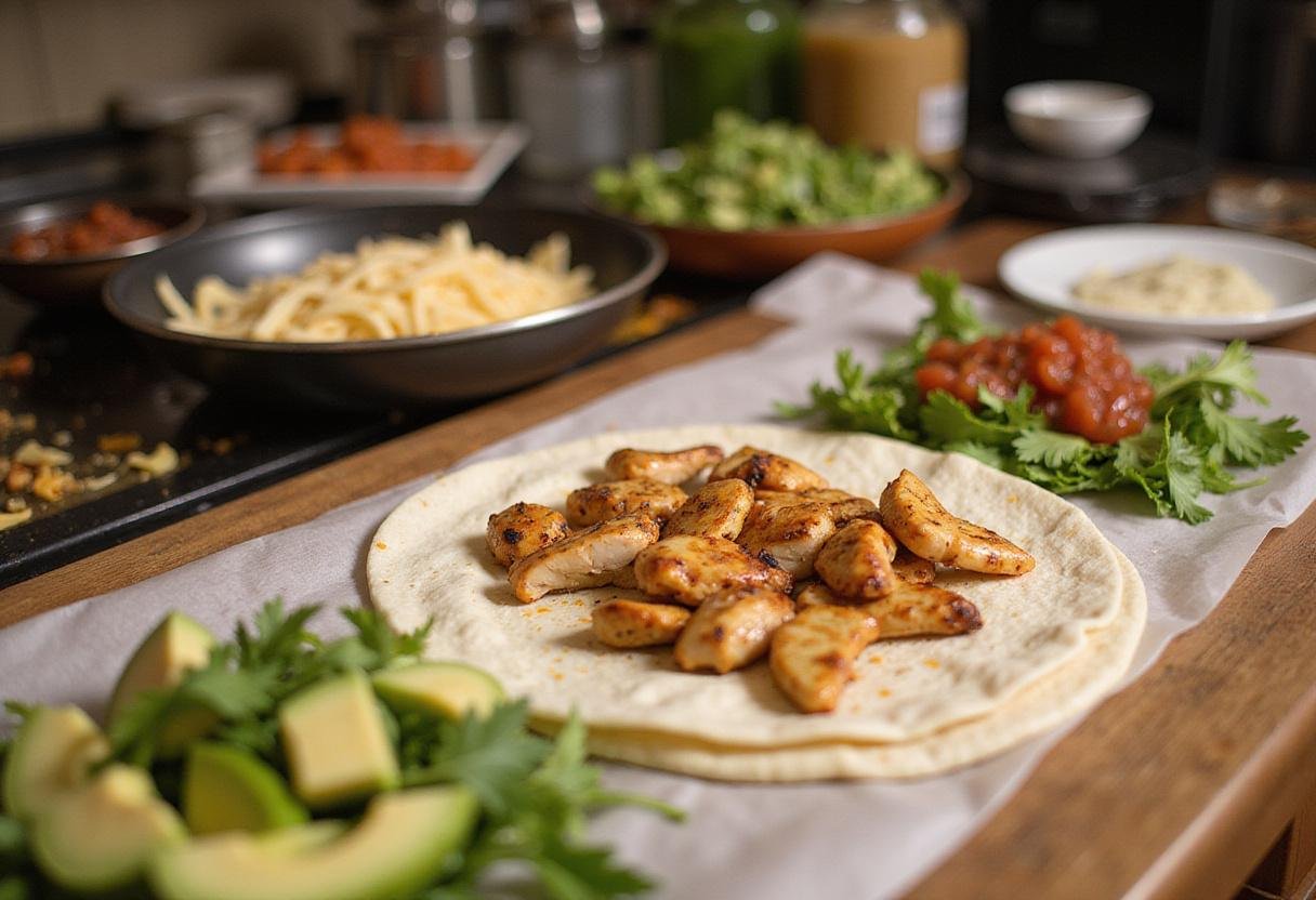 Assembling Brooklyn Nine-Nine Grilled Chicken Wrap with sliced grilled chicken, tortillas, and colorful toppings on a kitchen counter.
