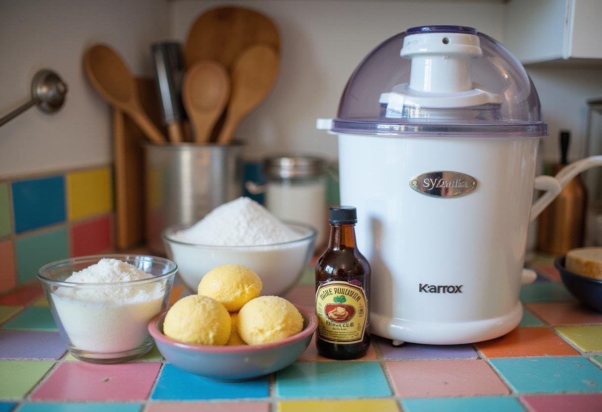 Brooklyn Nine-Nine Ice Cream Party ingredients on a vibrant kitchen countertop, showcasing ice cream essentials like heavy cream, sugar, and vanilla extract for a fun ice cream making experience.