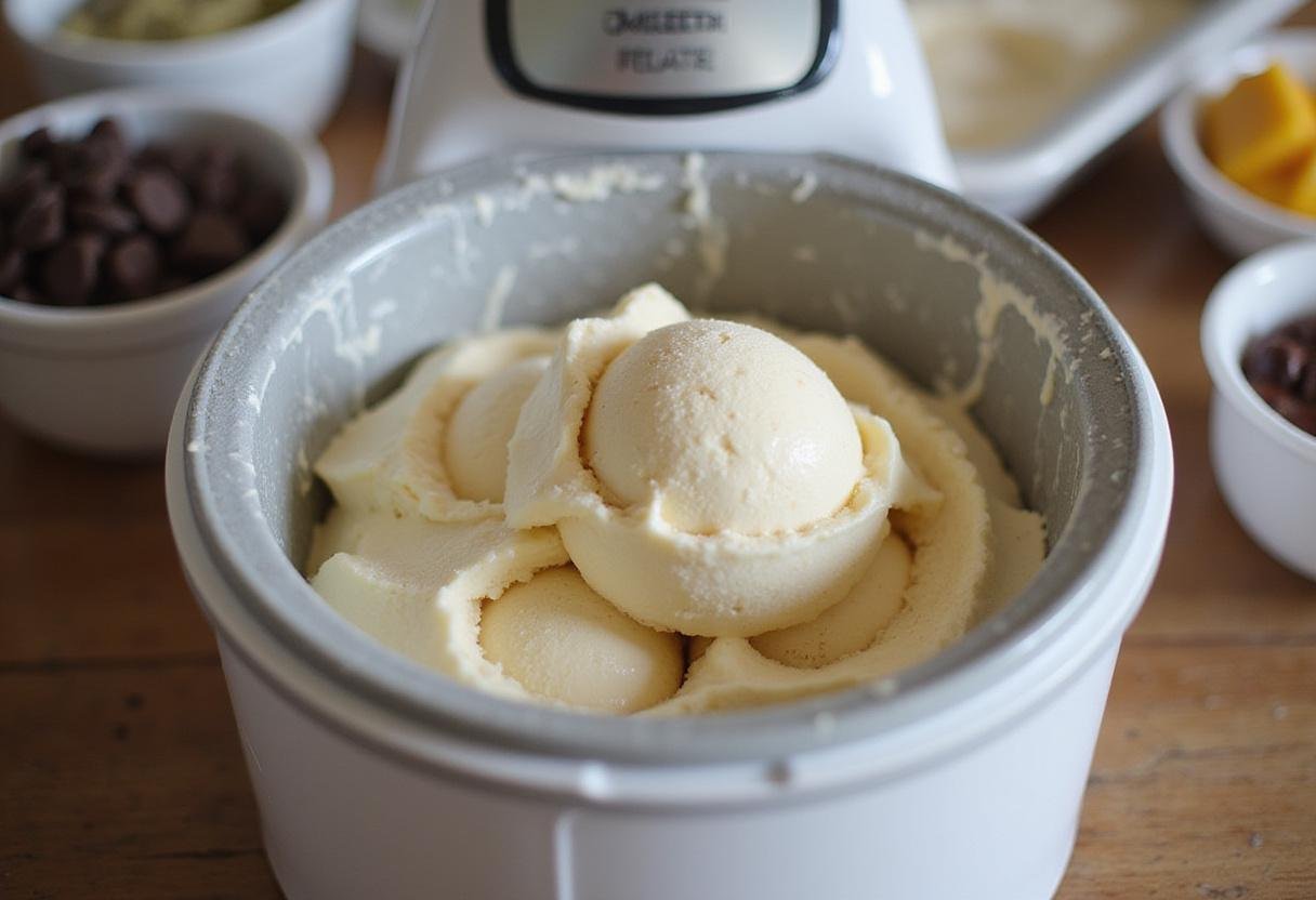 Brooklyn Nine-Nine themed ice cream maker in action, showcasing the churning process of the ice cream mixture, with tempting toppings ready to enhance the treat.