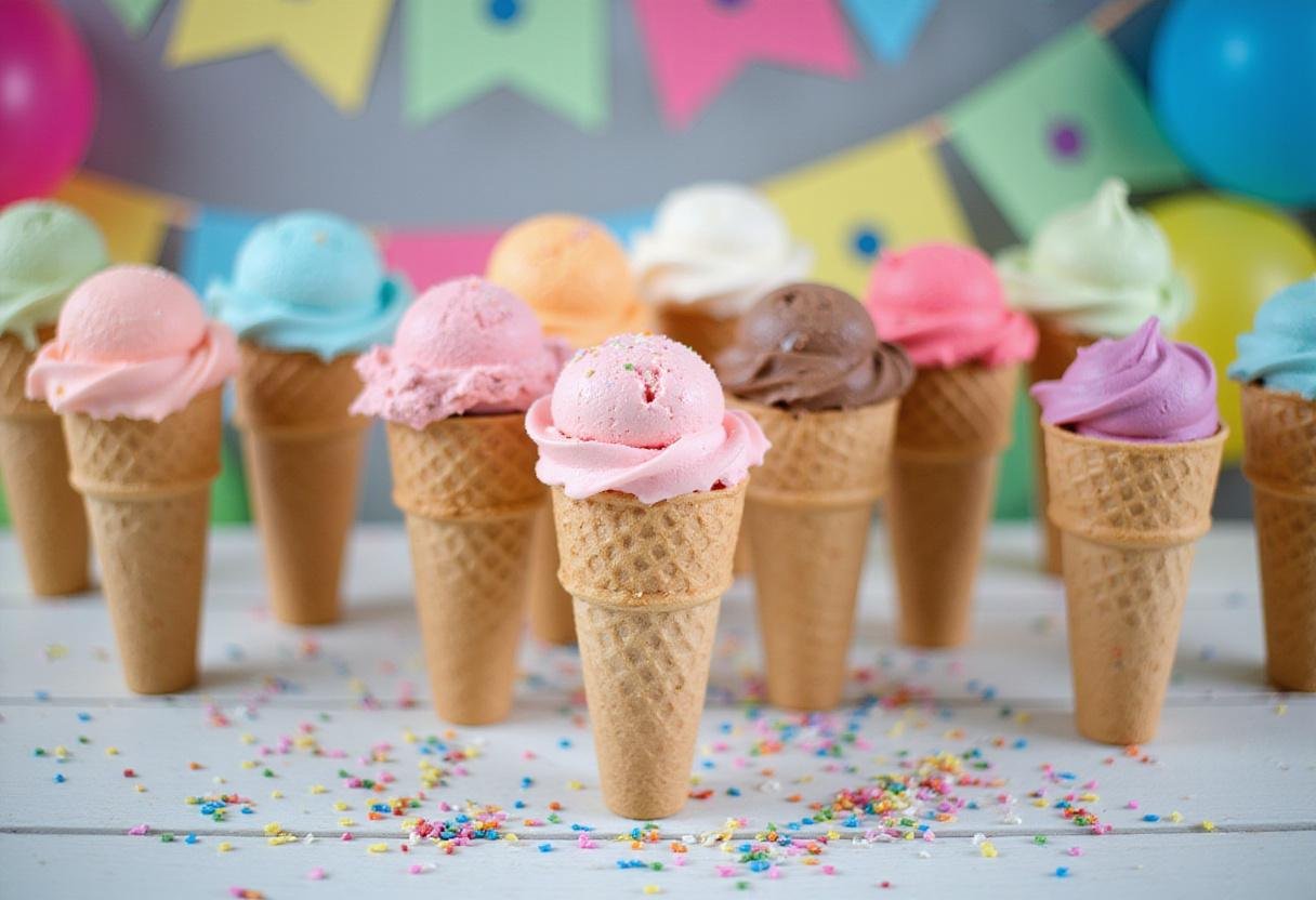 A creative display of Brooklyn Nine-Nine Ice Cream Party treat cones, showcasing an array of colorful ice cream flavors in a cheerful and festive setup.