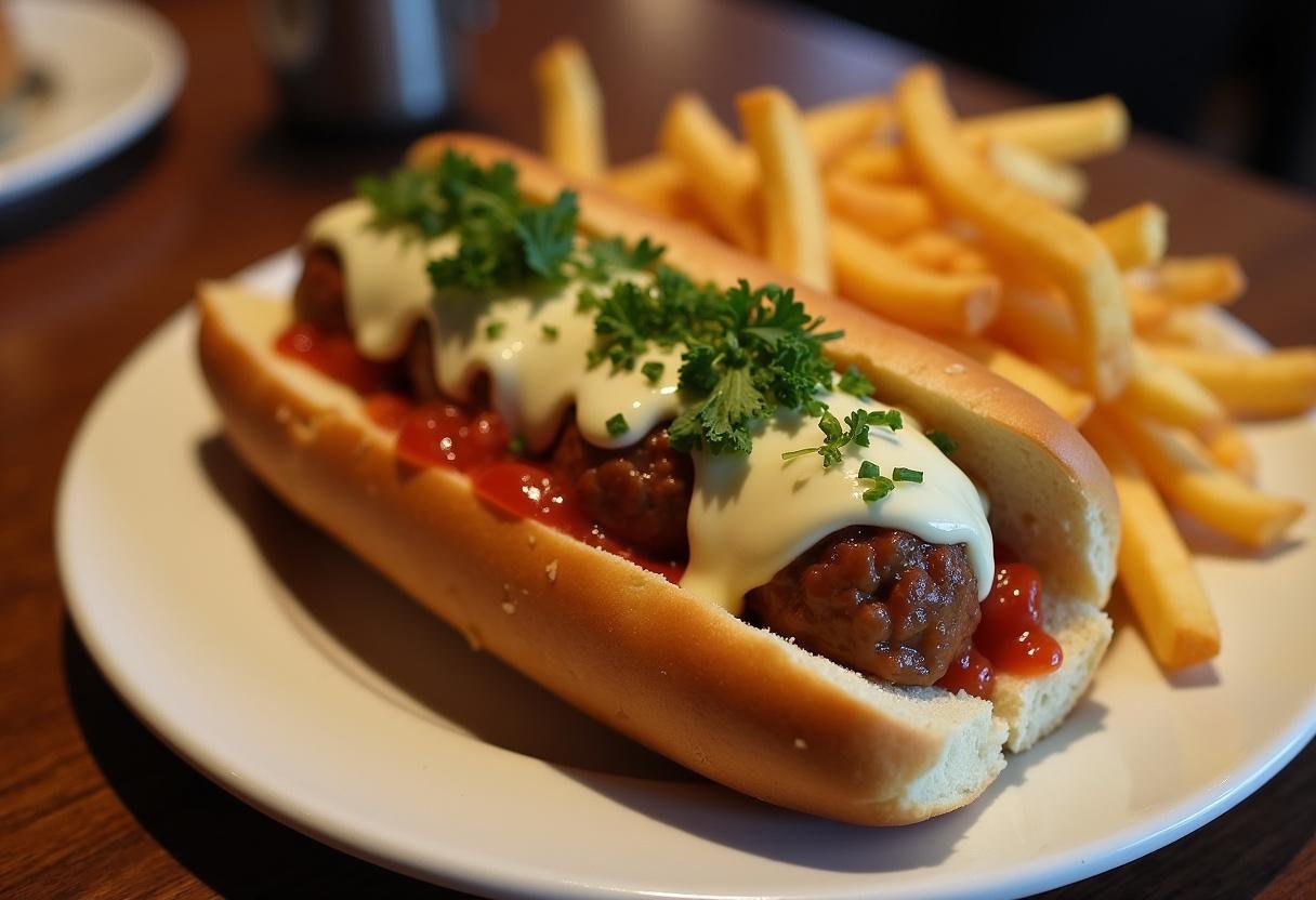 Delicious Brooklyn Nine-Nine Meatball Sub with melted cheese and garnishes, perfect for a hearty meal.