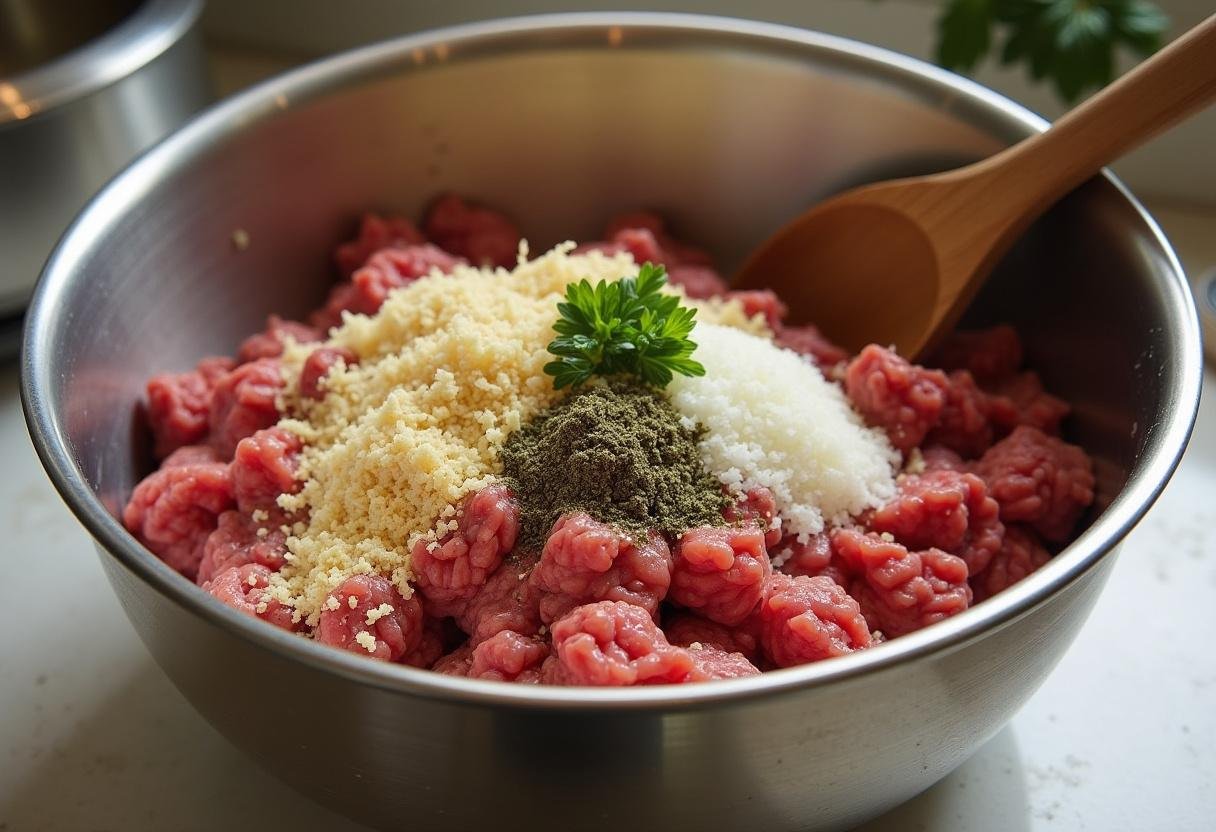 Ingredients for meatballs in a mixing bowl, essential for Brooklyn Nine-Nine Meatball Sub.