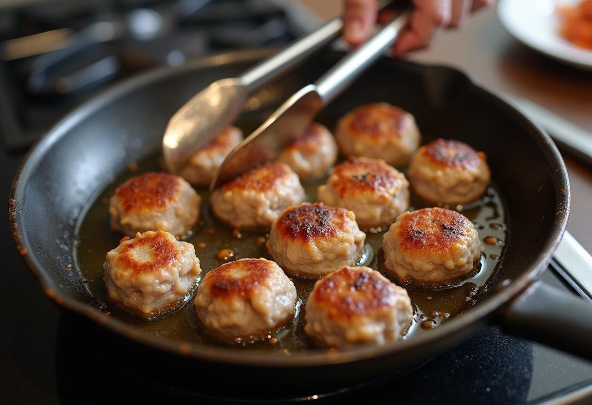 Meatballs cooking in a skillet, a key step in making Brooklyn Nine-Nine Meatball Sub.