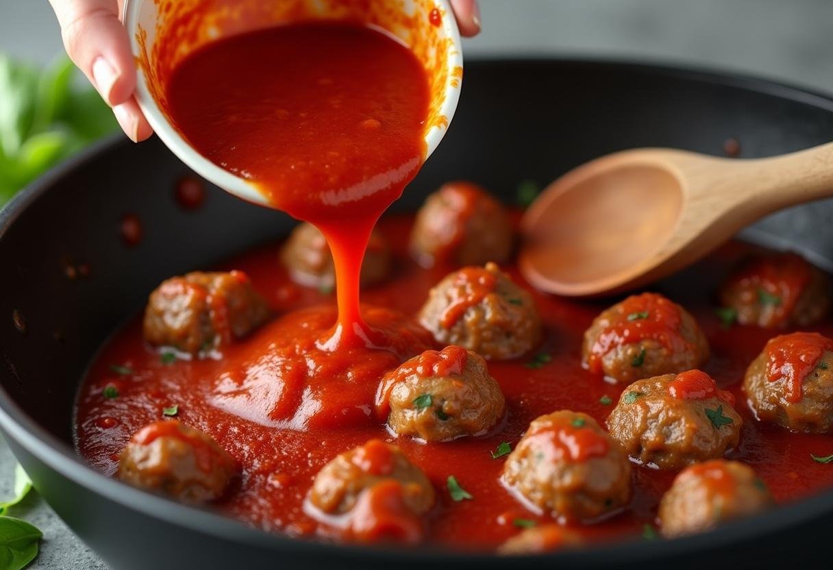 Marinara sauce poured over meatballs, adding flavor to the Brooklyn Nine-Nine Meatball Sub.