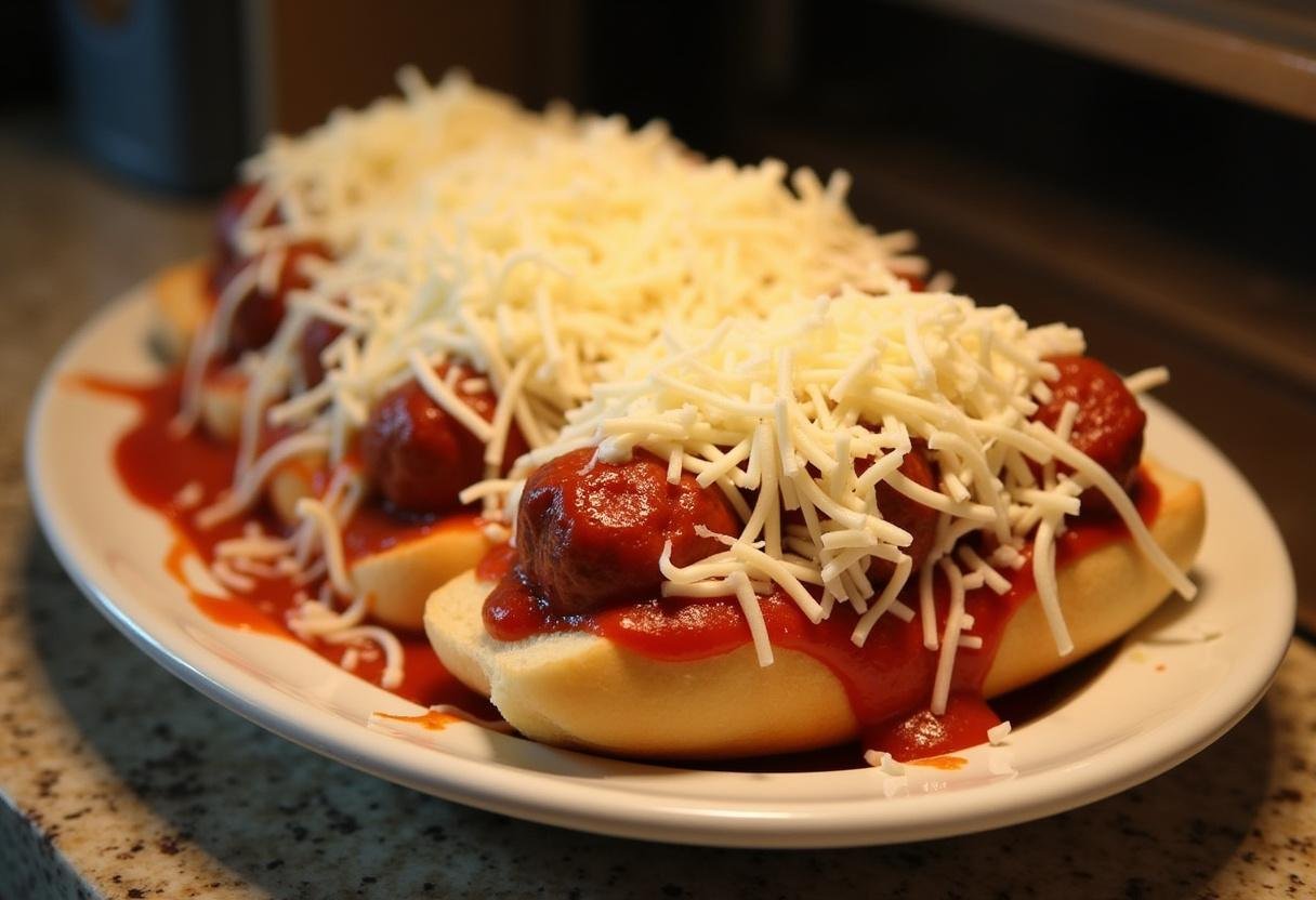 Sub rolls filled with meatballs and cheese, prepared for the final baking of Brooklyn Nine-Nine Meatball Sub.