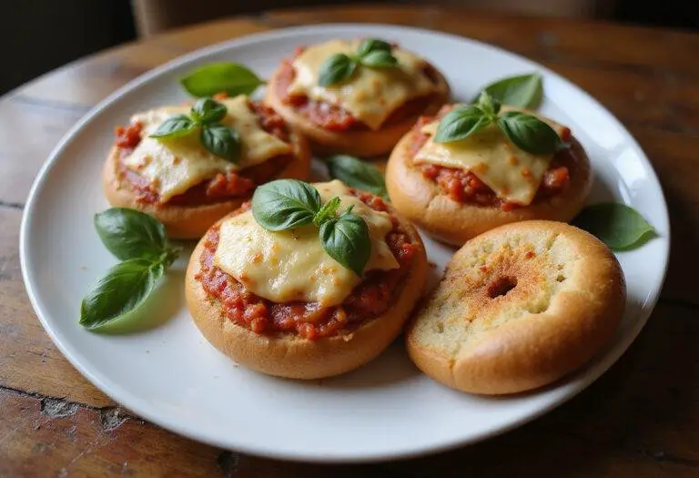 deliciously finished Brooklyn Nine-Nine Pizza Bagels served on a wooden table, garnished with basil