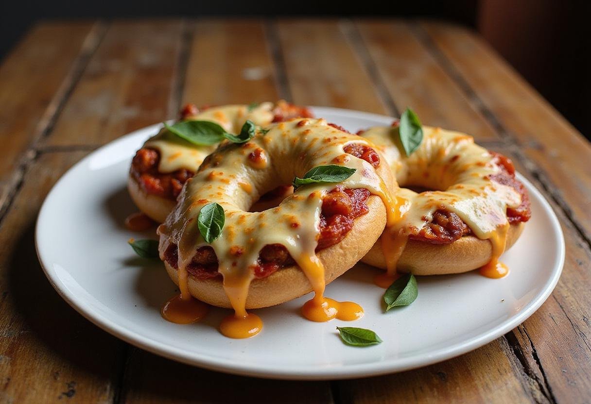 deliciously finished Brooklyn Nine-Nine Pizza Bagels served on a wooden table, garnished with basil