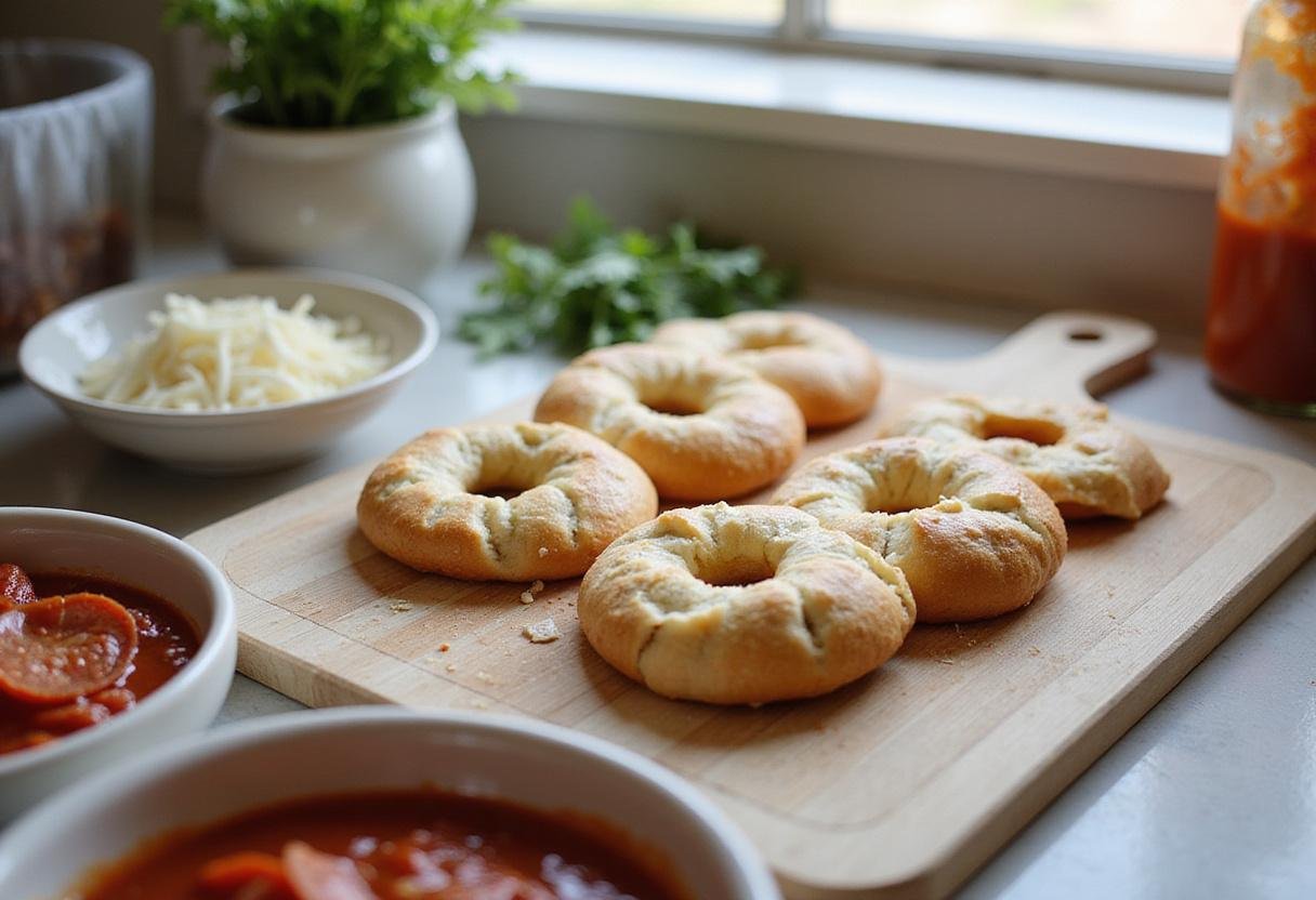preparing ingredients for Brooklyn Nine-Nine Pizza Bagels with sliced bagels, marinara sauce, mozzarella cheese, and pepperoni