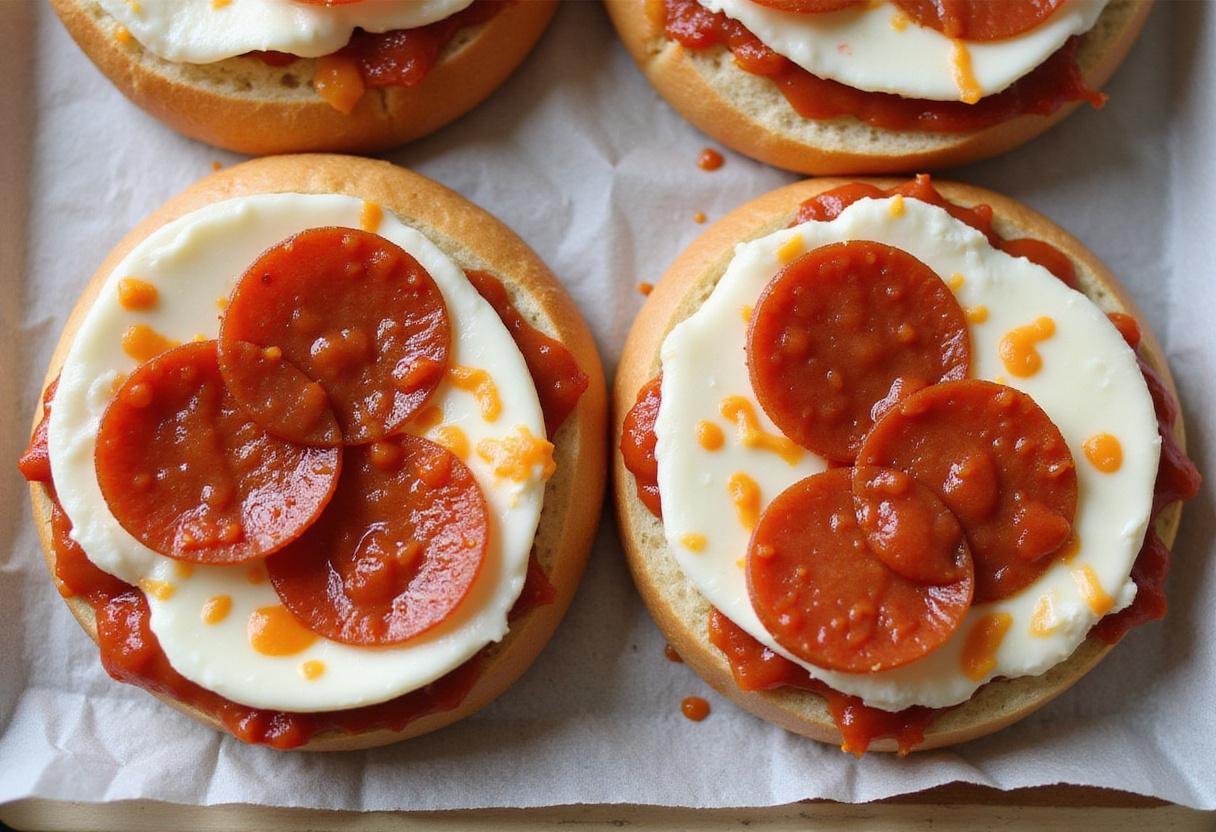 assembling Brooklyn Nine-Nine Pizza Bagels with marinara sauce, mozzarella cheese, and pepperoni toppings on bagels