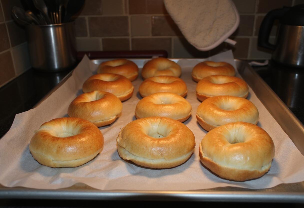 ready-to-bake Brooklyn Nine-Nine Pizza Bagels on a baking sheet in a warm kitchen