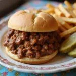 The final presentation of Brooklyn Nine-Nine Sloppy Joe Night showcasing a delicious Sloppy Joe with fries, perfect for any gathering.