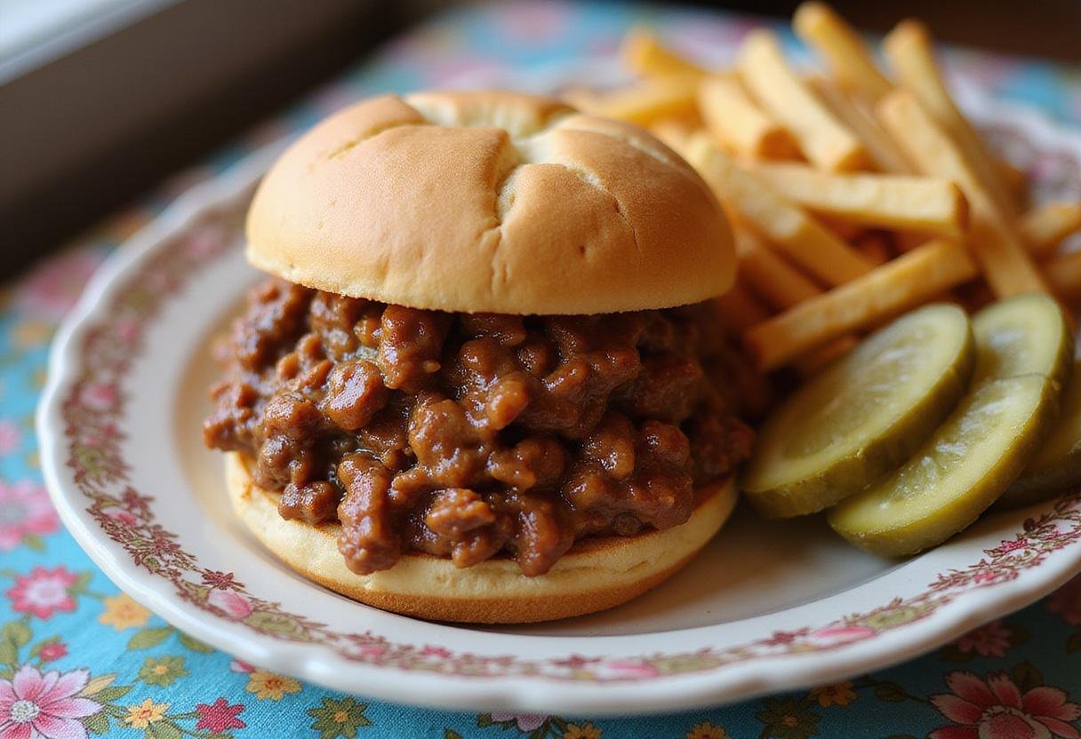 The final presentation of Brooklyn Nine-Nine Sloppy Joe Night showcasing a delicious Sloppy Joe with fries, perfect for any gathering.