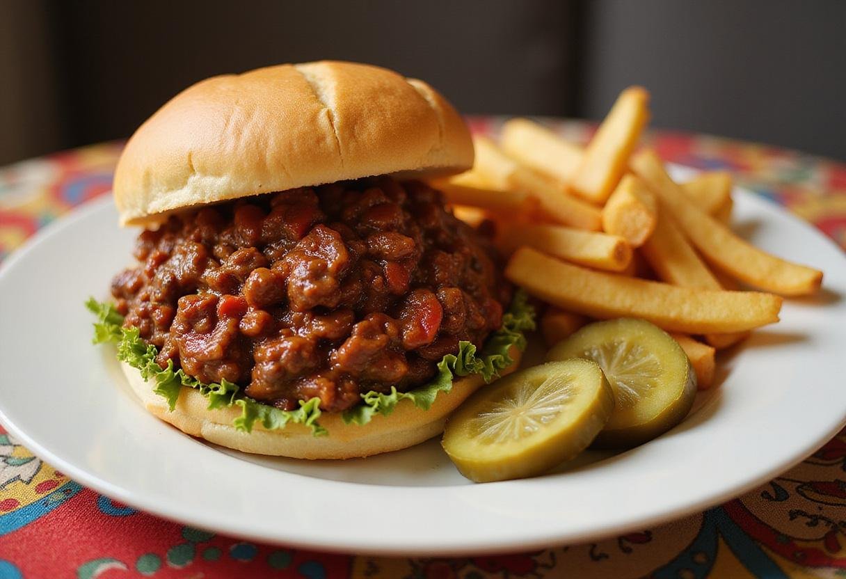 The final presentation of Brooklyn Nine-Nine Sloppy Joe Night showcasing a delicious Sloppy Joe with fries, perfect for any gathering.