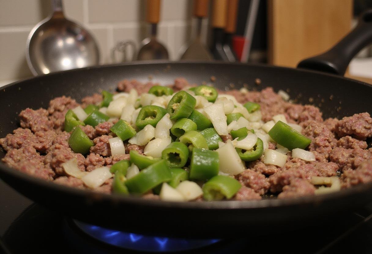 Delicious Brooklyn Nine-Nine Sloppy Joe Night begins with sautΓ©ing ground beef, onions, and peppers in a frying pan.