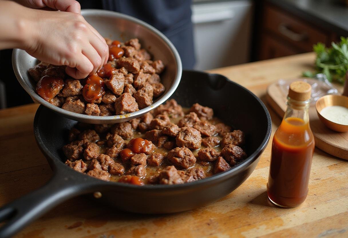 Preparing Brooklyn Nine-Nine Sloppy Joe Night, combining seasoned beef mixture with barbecue sauce for bold flavors.