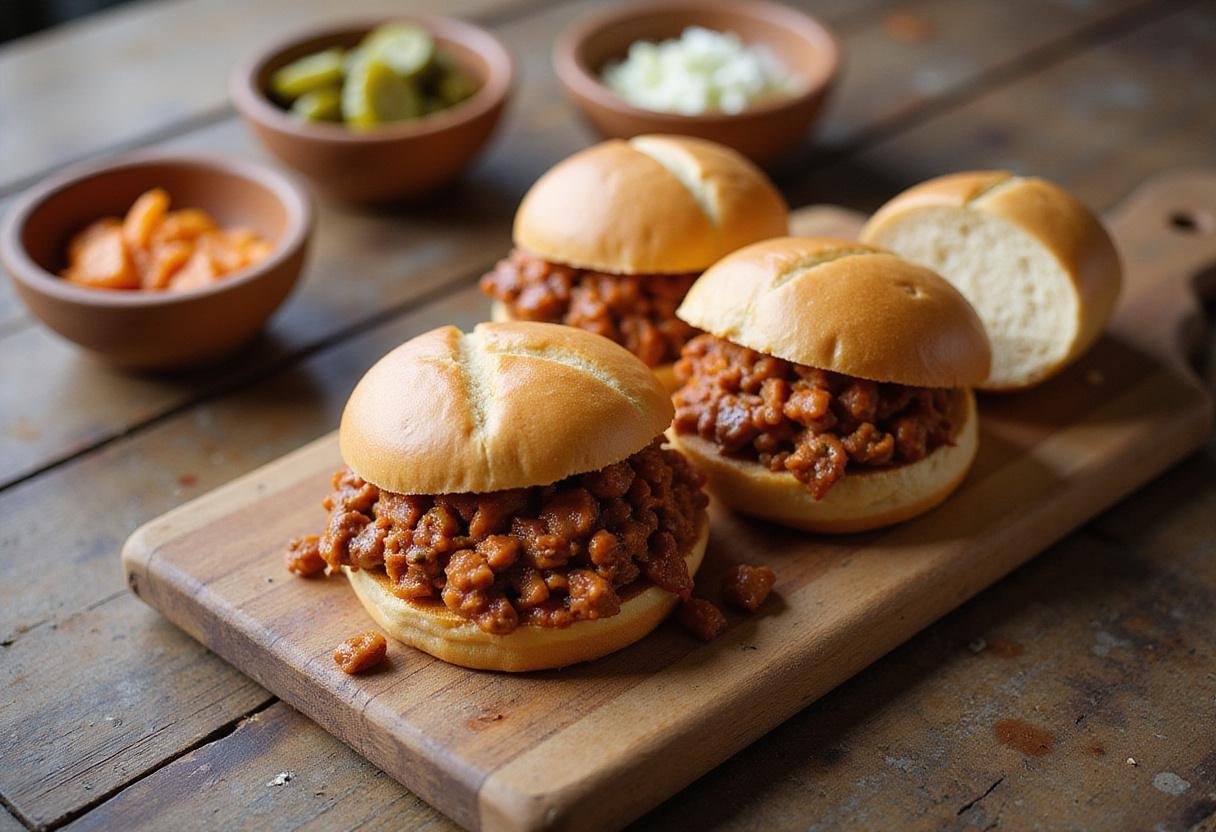 Crafting the perfect Brooklyn Nine-Nine Sloppy Joe, generously filling toasted buns with flavorful meat mixture and fresh toppings.