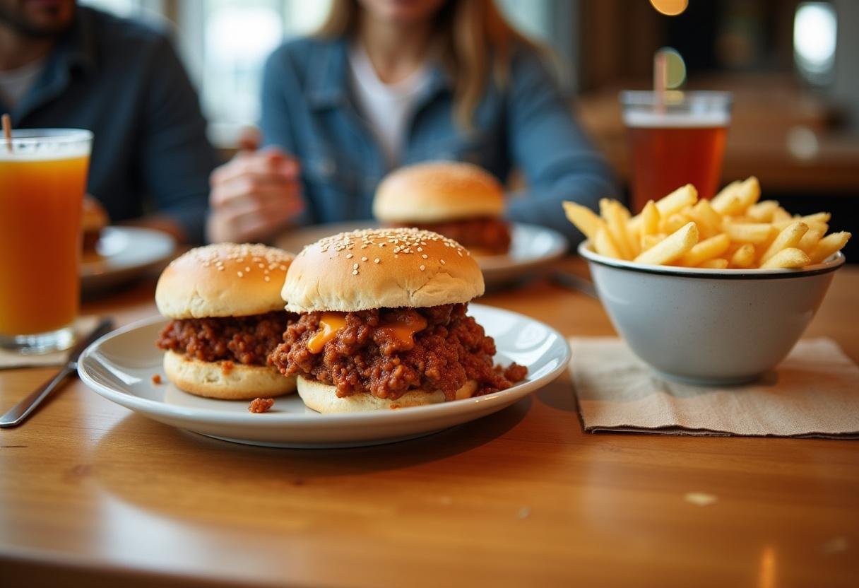 Enjoying a fun Brooklyn Nine-Nine Sloppy Joe Night with family and friends, sharing delicious Sloppy Joes and sides.