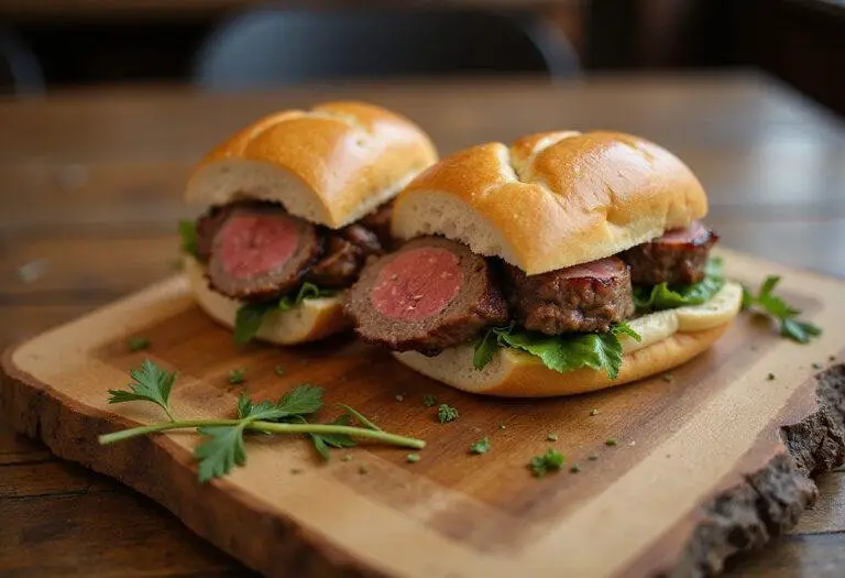 A stunning presentation of Downton Abbey Beef Wellington on a wooden board, highlighting the golden crust and enticing filling for a formal dinner.