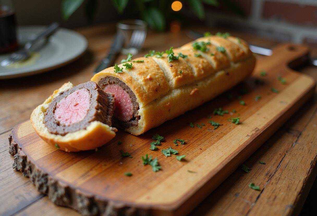 A stunning presentation of Downton Abbey Beef Wellington on a wooden board, highlighting the golden crust and enticing filling for a formal dinner.