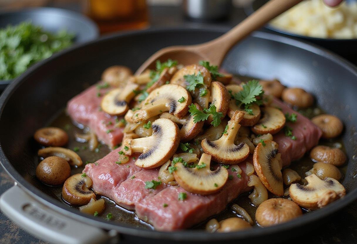 Sautéing mushrooms and herbs for the filling of Downton Abbey Beef Wellington, highlighting the aromatic flavors in a home kitchen.