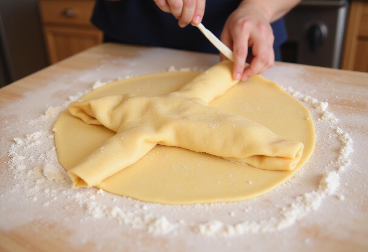 Rolling out puff pastry for Downton Abbey Beef Wellington, emphasizing the delicate texture of the dough in a culinary workspace.