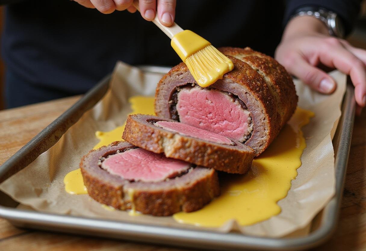 Preparing to bake Downton Abbey Beef Wellington, with egg wash on the pastry, capturing the final assembling process in a stylish kitchen.