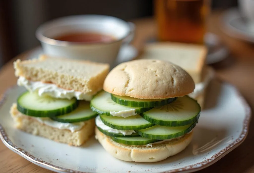 Close-up of a Downton Abbey tea sandwich filled with cucumber and cream cheese, highlighting the elegance of traditional British afternoon tea.
